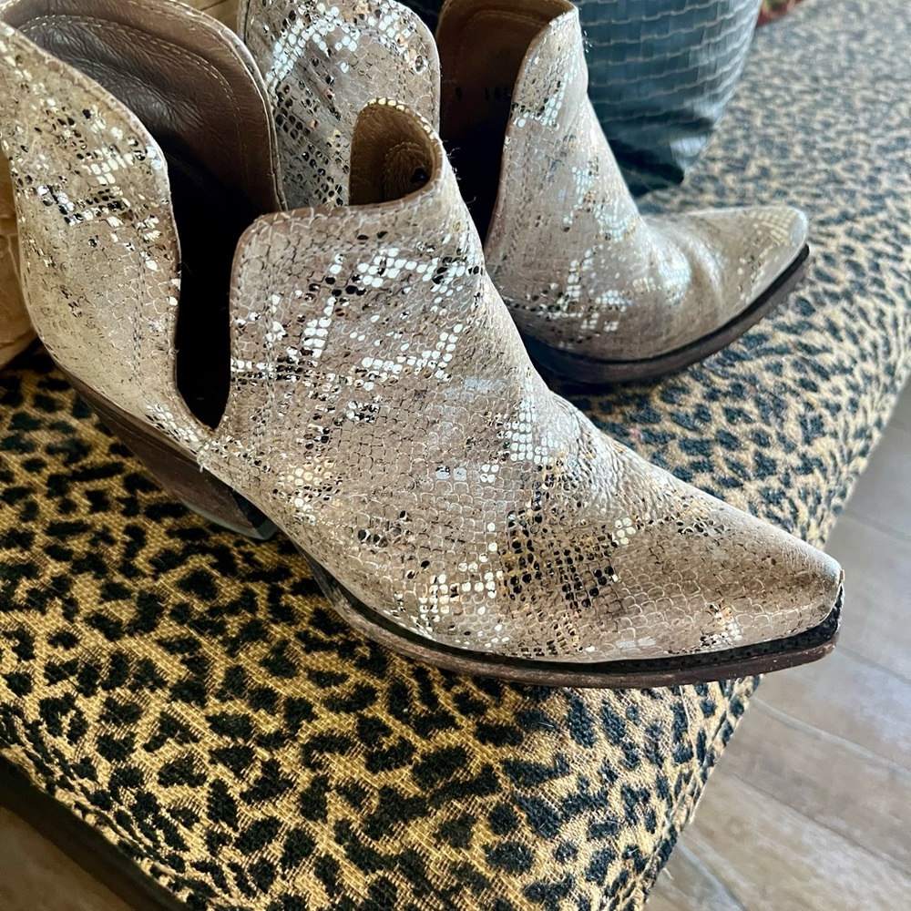 Ariat Metallic Snake-Print Ankle Booties in Taupe and Silver